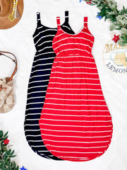 WAREHOUSE Reagan Ribbed Midi Dress - Red Stripes