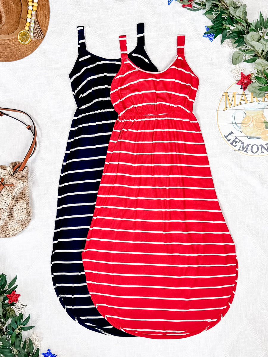 WAREHOUSE Reagan Ribbed Midi Dress - Red Stripes