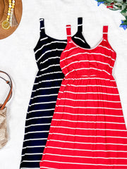 WAREHOUSE Reagan Ribbed Midi Dress - Red Stripes