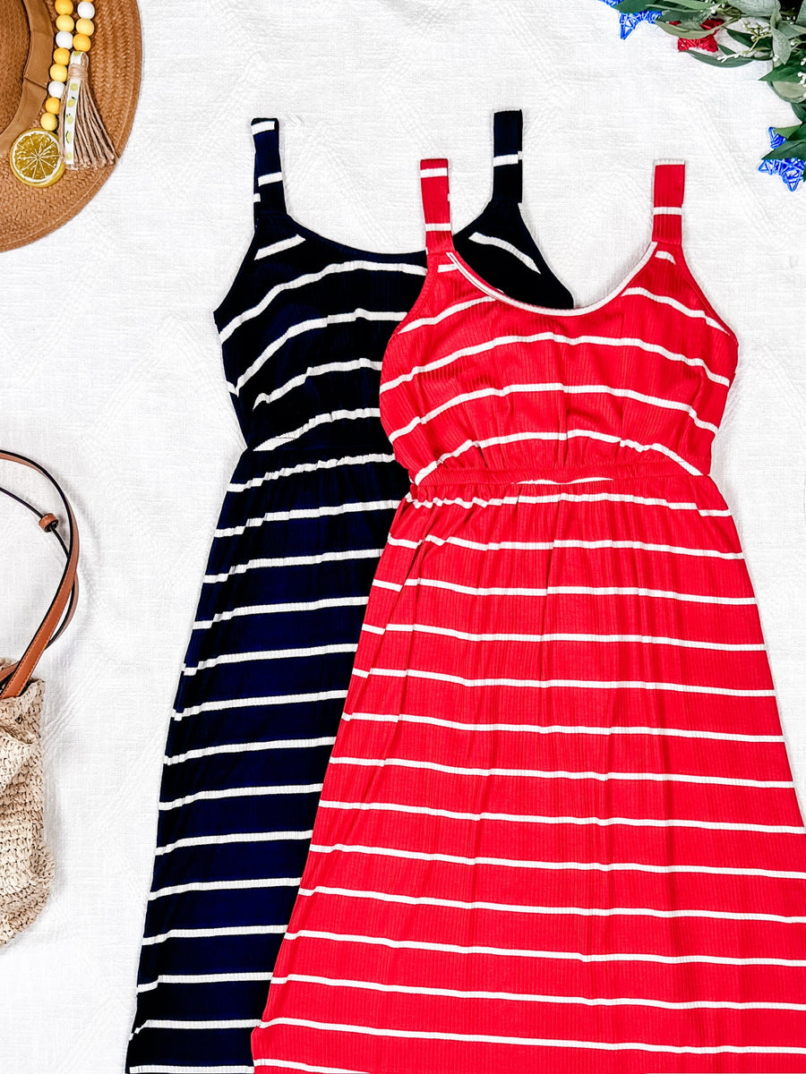 WAREHOUSE Reagan Ribbed Midi Dress - Red Stripes