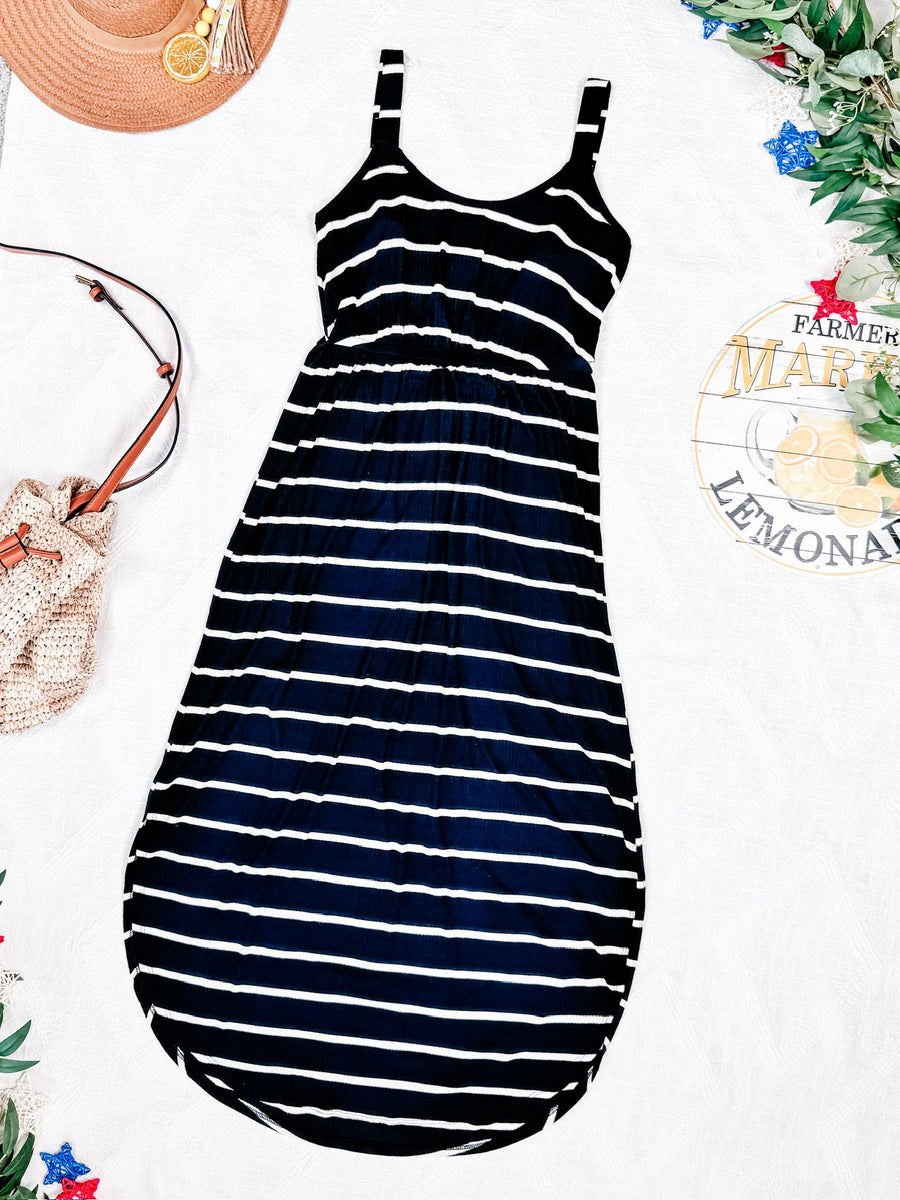 WAREHOUSE Reagan Ribbed Midi Dress - Midnight Navy Stripes