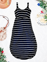WAREHOUSE Reagan Ribbed Midi Dress - Midnight Navy Stripes