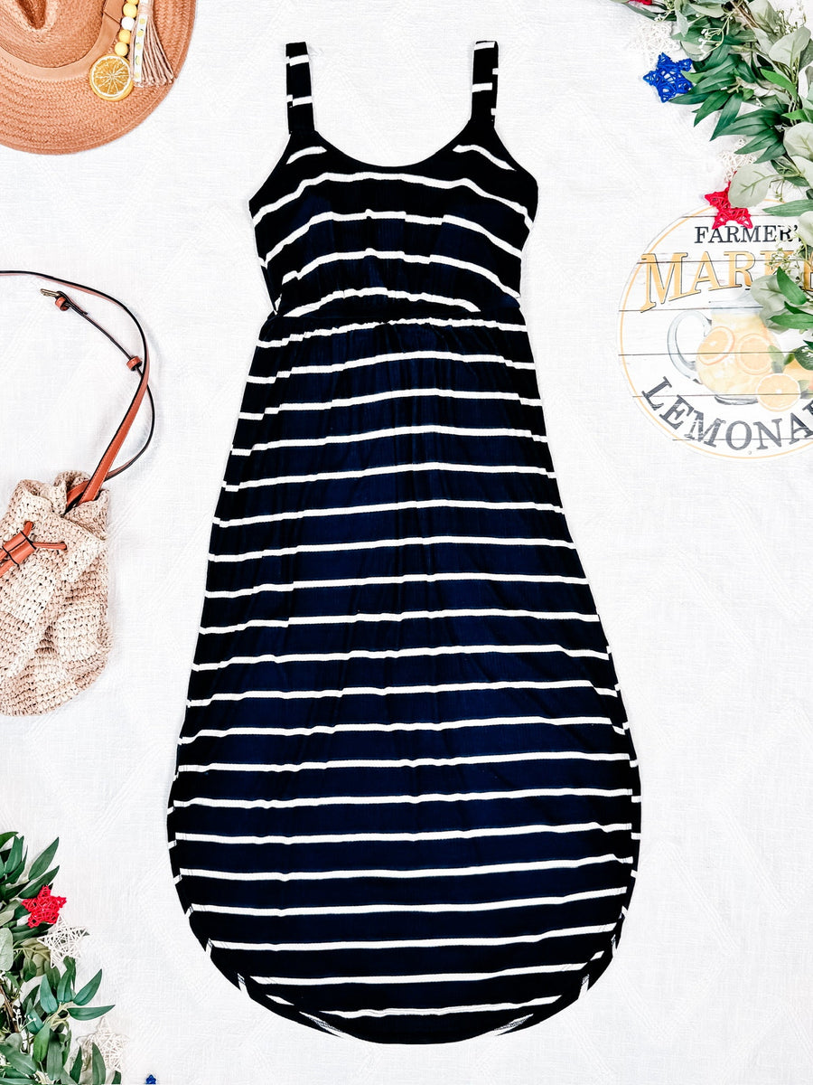 WAREHOUSE Reagan Ribbed Midi Dress - Midnight Navy Stripes