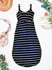 WAREHOUSE Reagan Ribbed Midi Dress - Midnight Navy Stripes