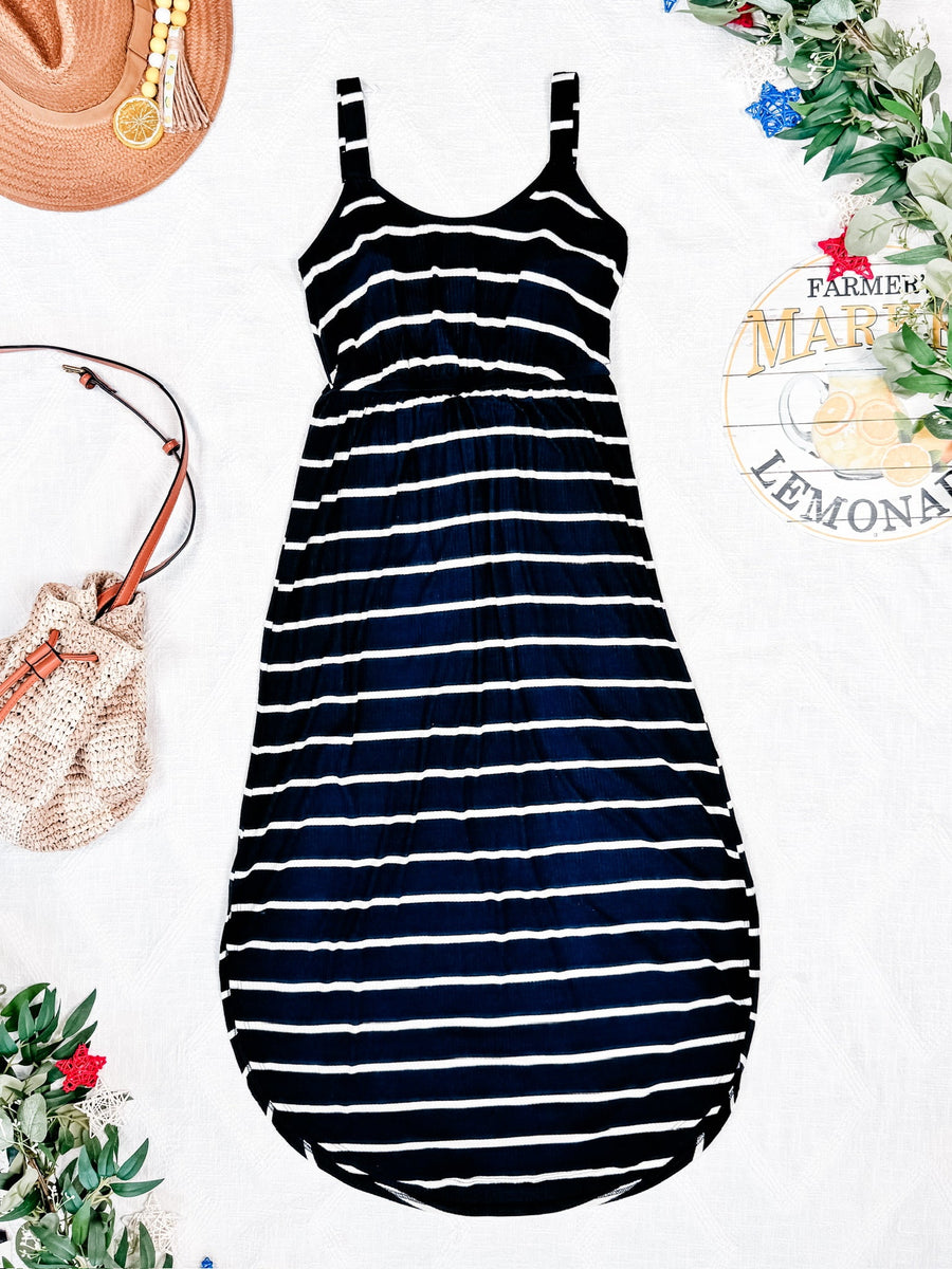 WAREHOUSE Reagan Ribbed Midi Dress - Midnight Navy Stripes