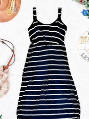 WAREHOUSE Reagan Ribbed Midi Dress - Midnight Navy Stripes