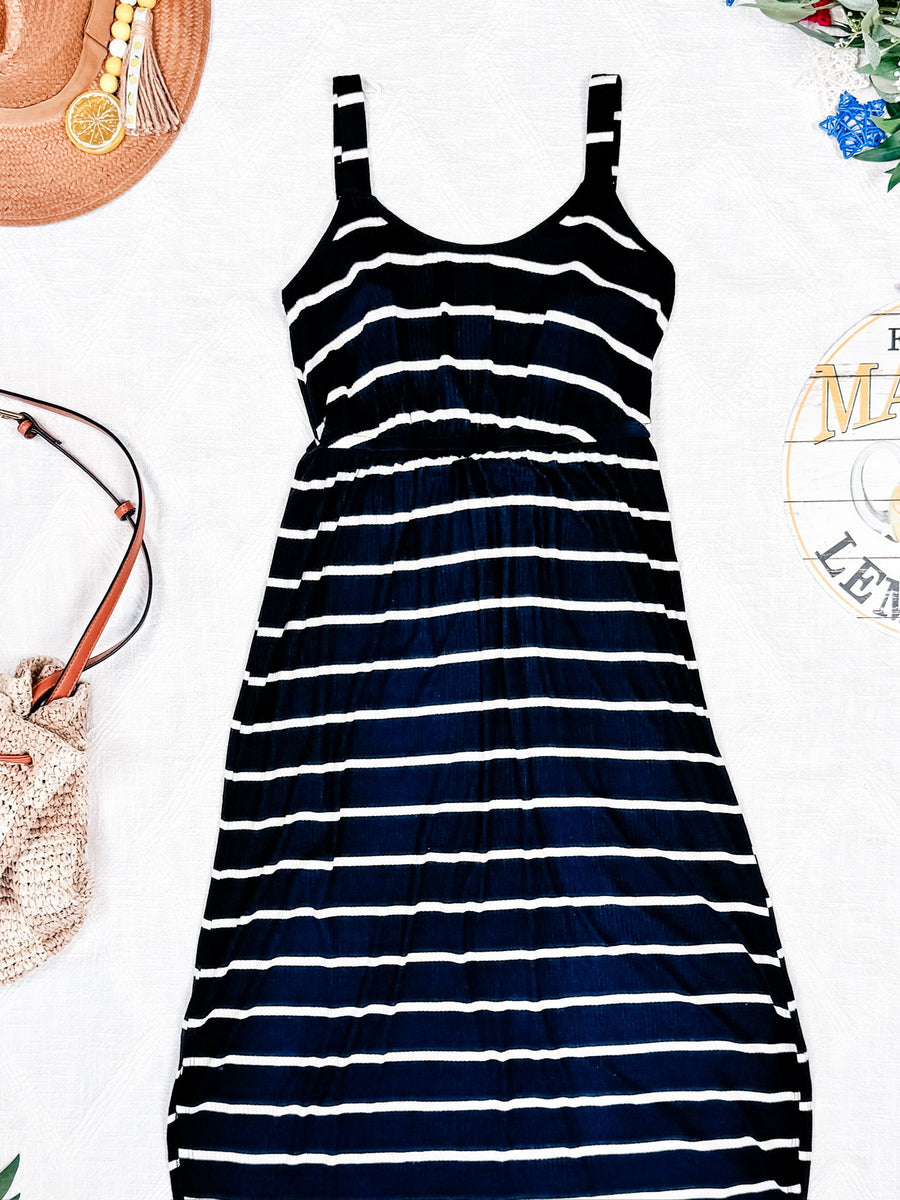 WAREHOUSE Reagan Ribbed Midi Dress - Midnight Navy Stripes