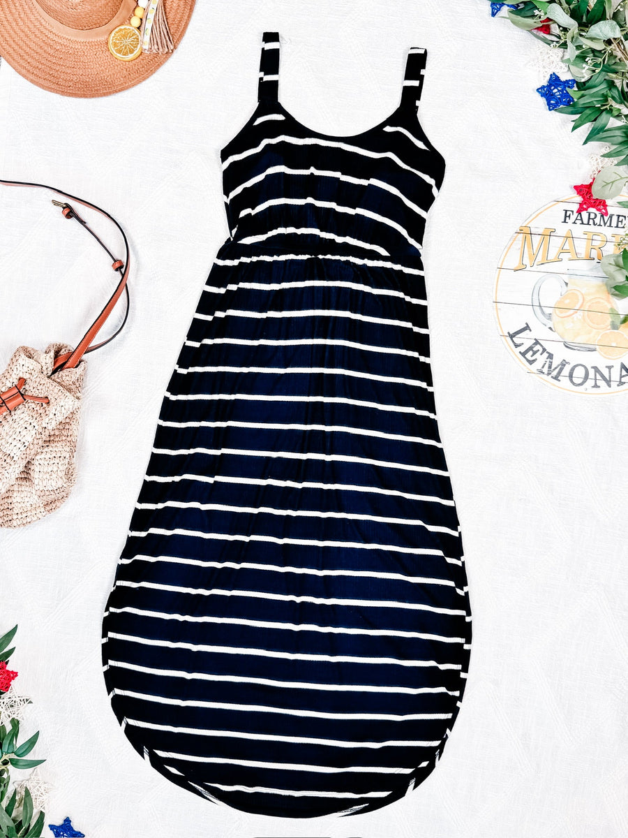 WAREHOUSE Reagan Ribbed Midi Dress - Midnight Navy Stripes