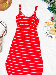 WAREHOUSE Reagan Ribbed Midi Dress - Red Stripes