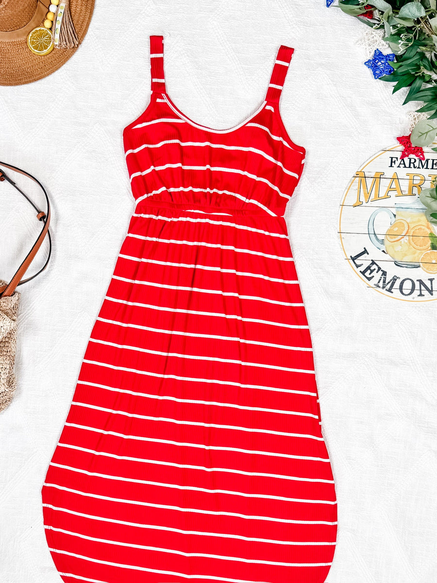 WAREHOUSE Reagan Ribbed Midi Dress - Red Stripes