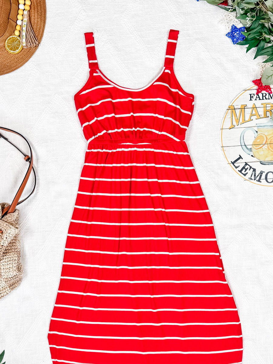 WAREHOUSE Reagan Ribbed Midi Dress - Red Stripes