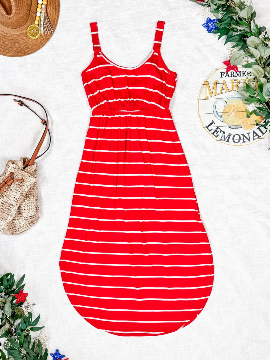 WAREHOUSE Reagan Ribbed Midi Dress - Red Stripes