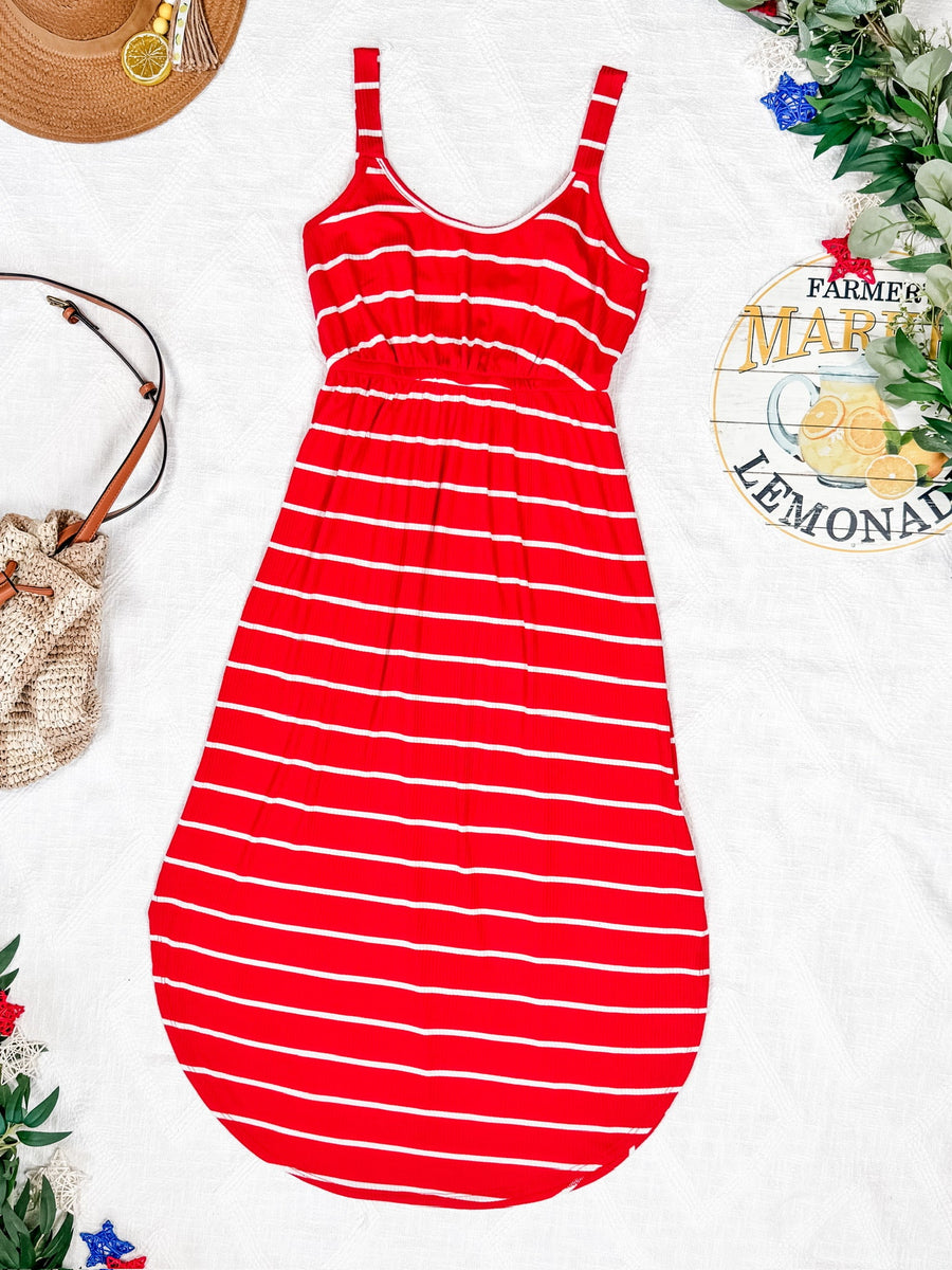 WAREHOUSE Reagan Ribbed Midi Dress - Red Stripes