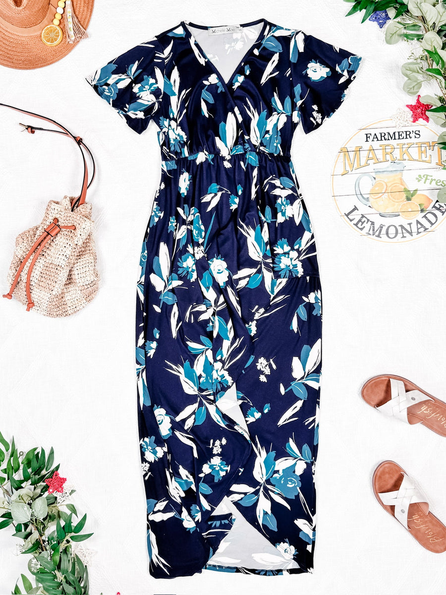 WAREHOUSE Harley High-Lo Dress - Navy and Teal Floral