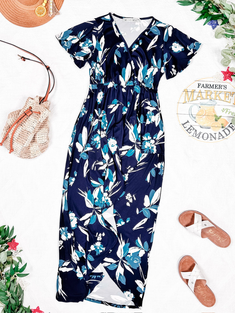 WAREHOUSE Harley High-Lo Dress - Navy and Teal Floral