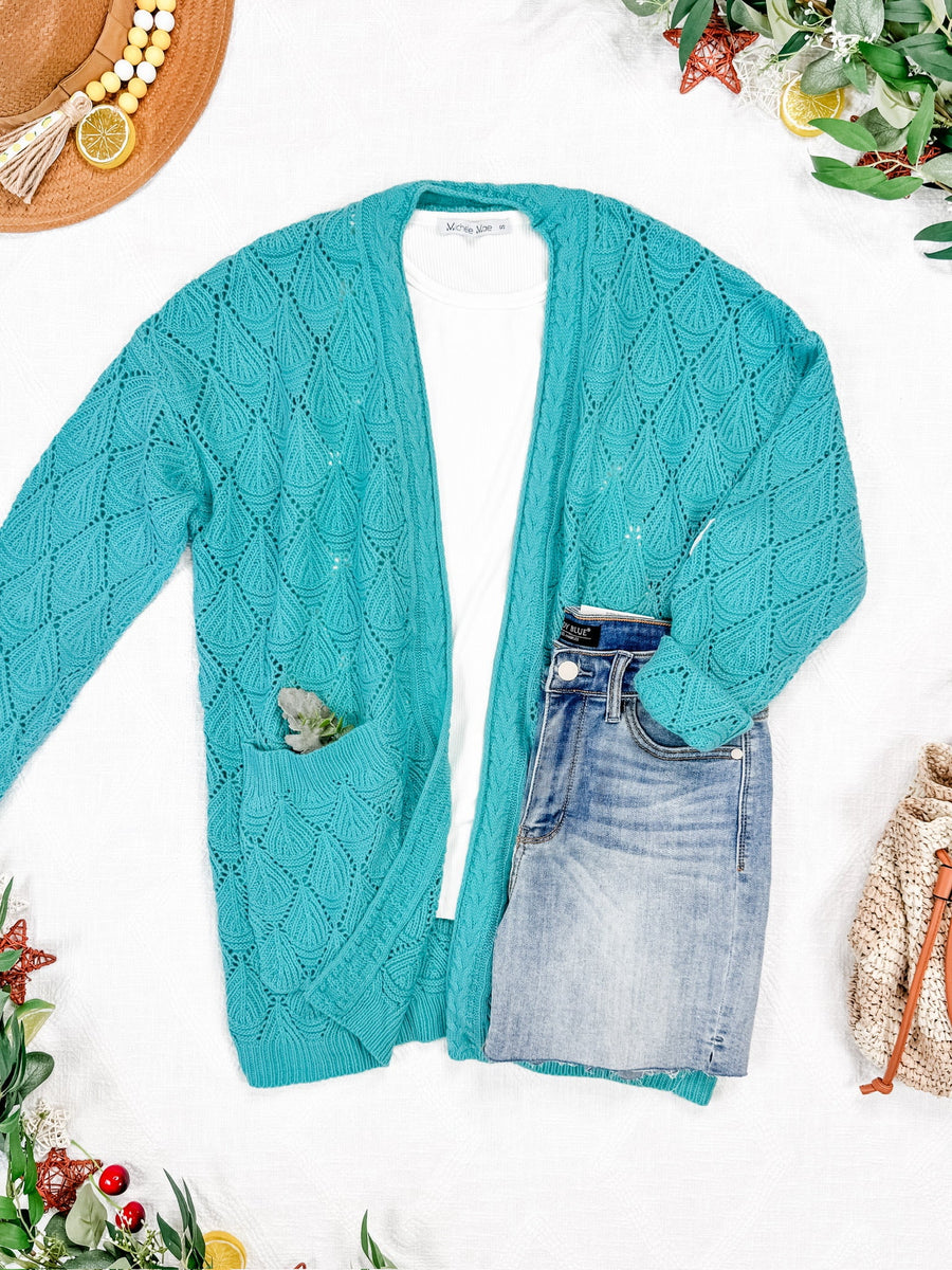 WAREHOUSE Open Knit Cardigan - Dusty Aqua