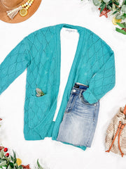 WAREHOUSE Open Knit Cardigan - Dusty Aqua