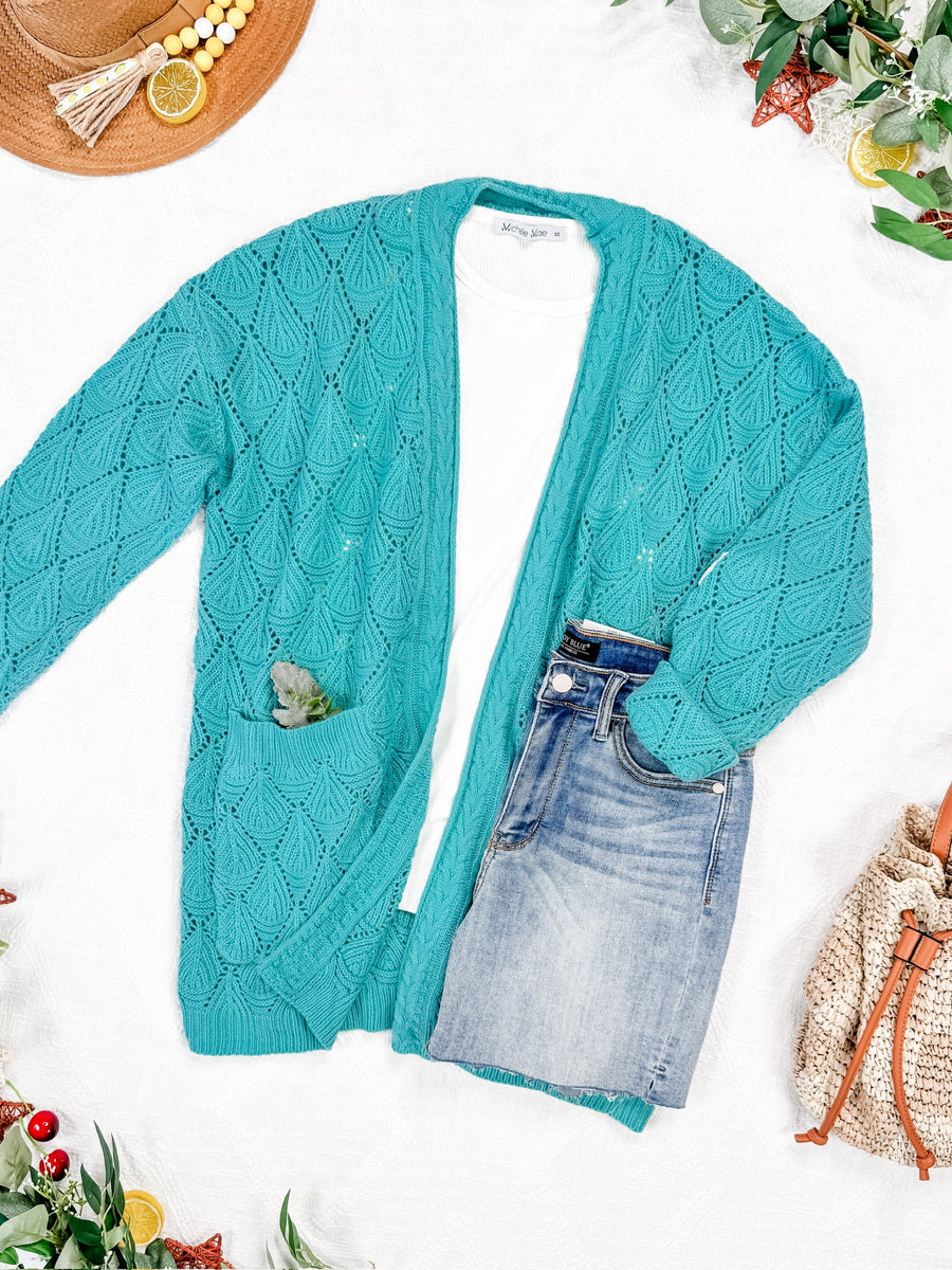 WAREHOUSE Open Knit Cardigan - Dusty Aqua