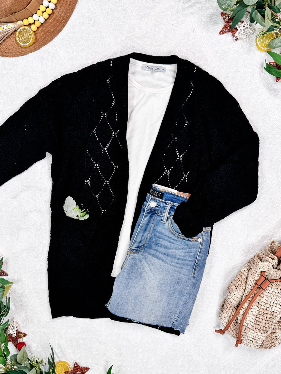 WAREHOUSE Open Knit Cardigan - Black