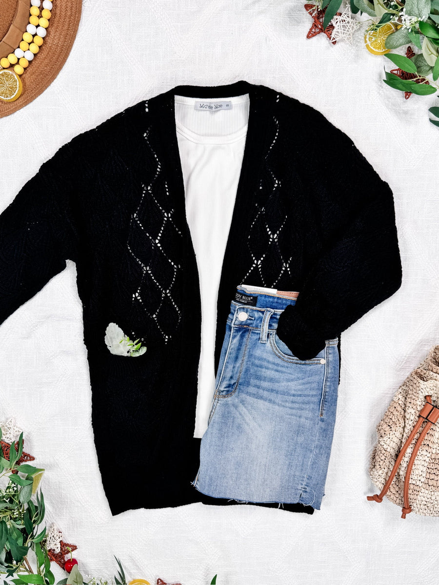 WAREHOUSE Open Knit Cardigan - Black