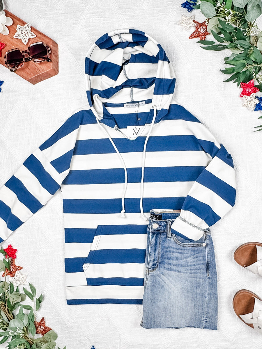 WAREHOUSE Rylie Striped Lightweight Hoodie - Navy and White