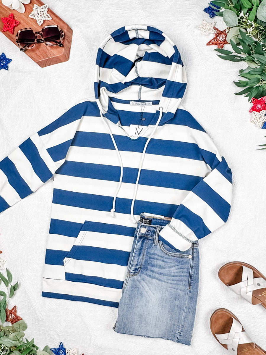 WAREHOUSE Rylie Striped Lightweight Hoodie - Navy and White