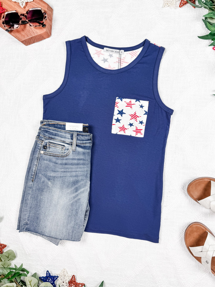WAREHOUSE Pocket Tank - American Stars and Stripes Blue