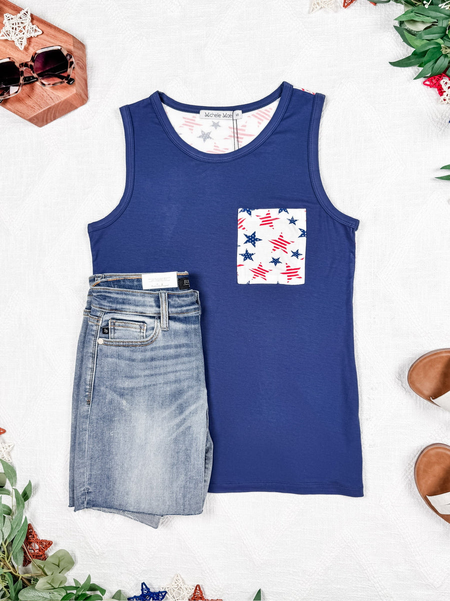 WAREHOUSE Pocket Tank - American Stars and Stripes Blue
