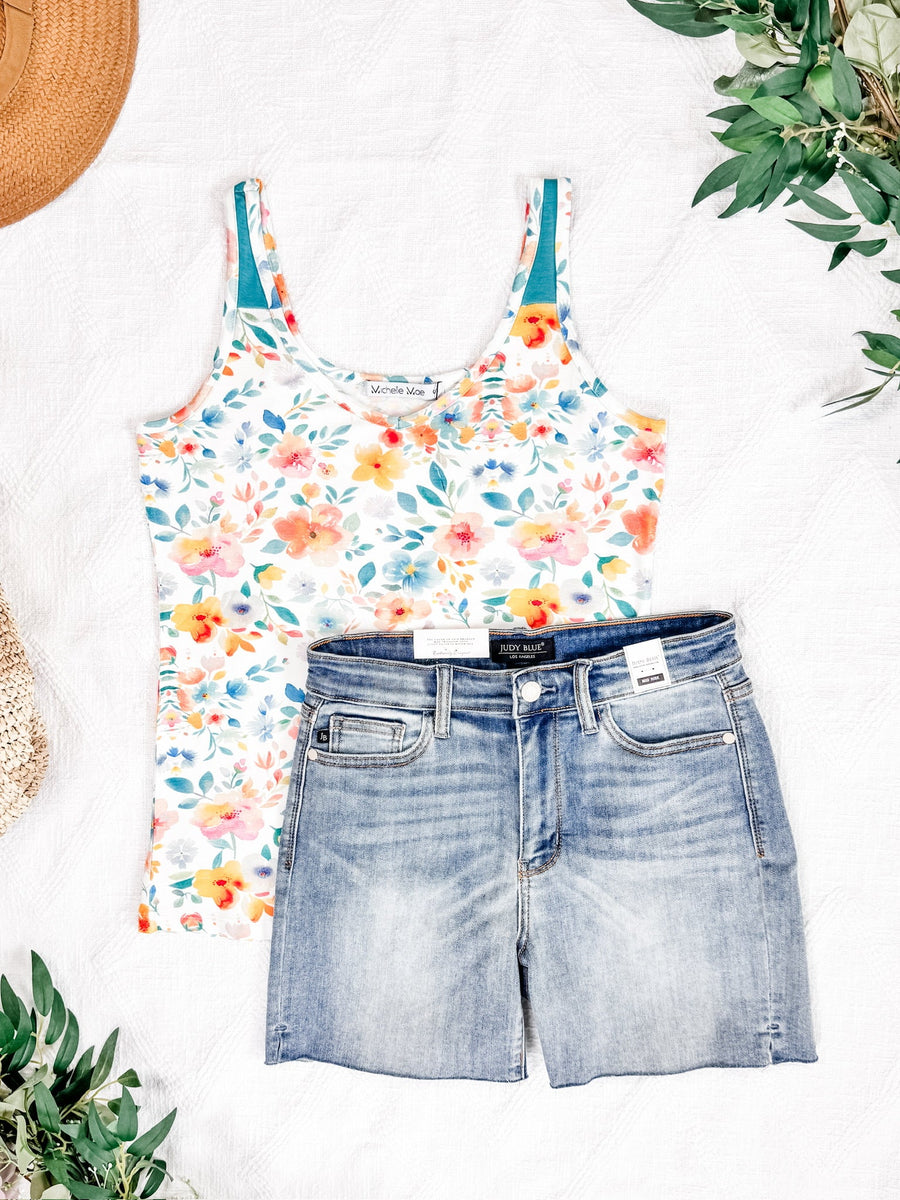 WAREHOUSE Poppy Tank - Watercolor Floral and Teal