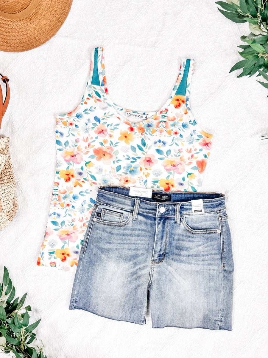 WAREHOUSE Poppy Tank - Watercolor Floral and Teal