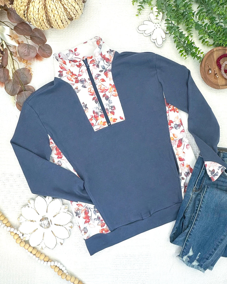 WAREHOUSE ONLY Rowan Zip Pullover - Slate Blue and Autumn Watercolor