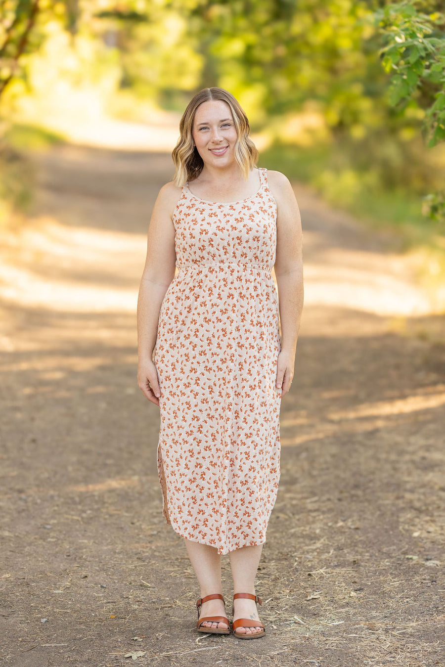 WAREHOUSE Reagan Ribbed Midi Dress - Sand and Rust Floral