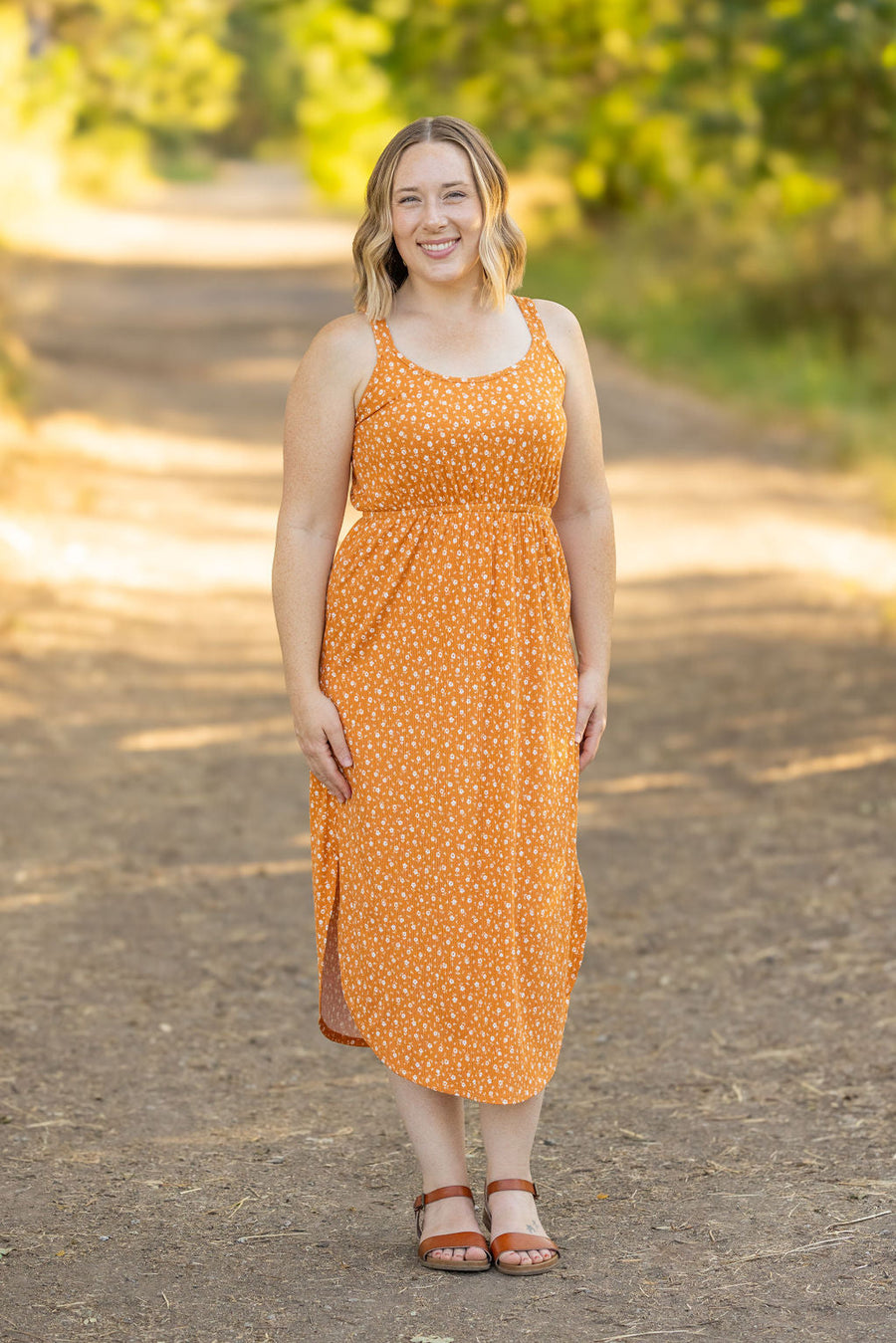 WAREHOUSE Reagan Ribbed Midi Dress - Pumpkin Floral