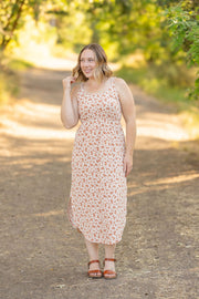 WAREHOUSE Reagan Ribbed Midi Dress - Sand and Rust Floral