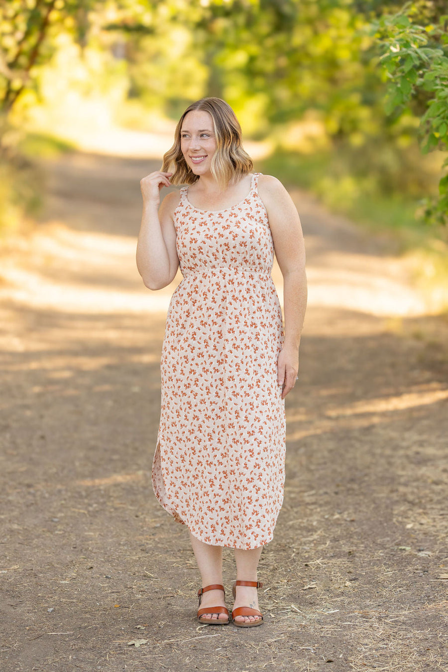 WAREHOUSE Reagan Ribbed Midi Dress - Sand and Rust Floral