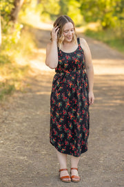 WAREHOUSE Reagan Ribbed Midi Dress - Black Floral