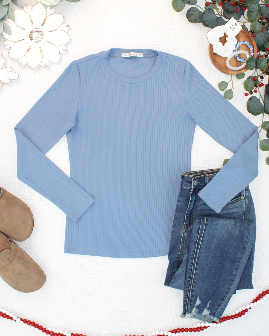 WAREHOUSE ONLY Reese Ribbed Long Sleeve Top - Dusty Blue