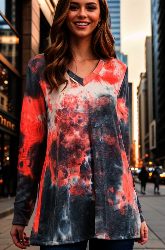 Tie Dye V Neck Long Sleeve