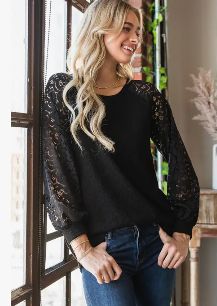 Lace Sleeve Sweater- Black
