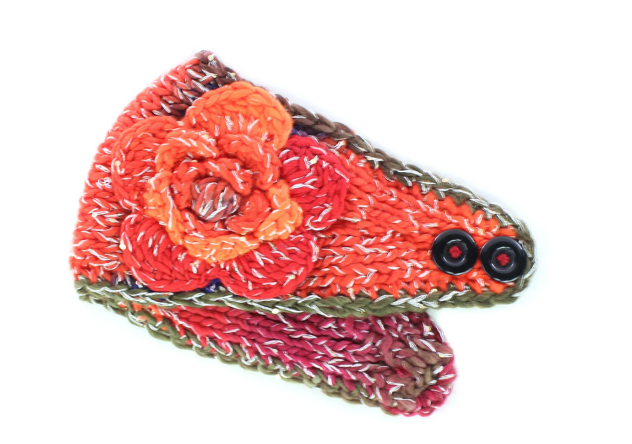 Knitted Floral Design Headband- Orange