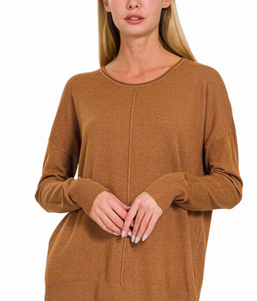 Front Seam Sweater with Side Slits- Camel