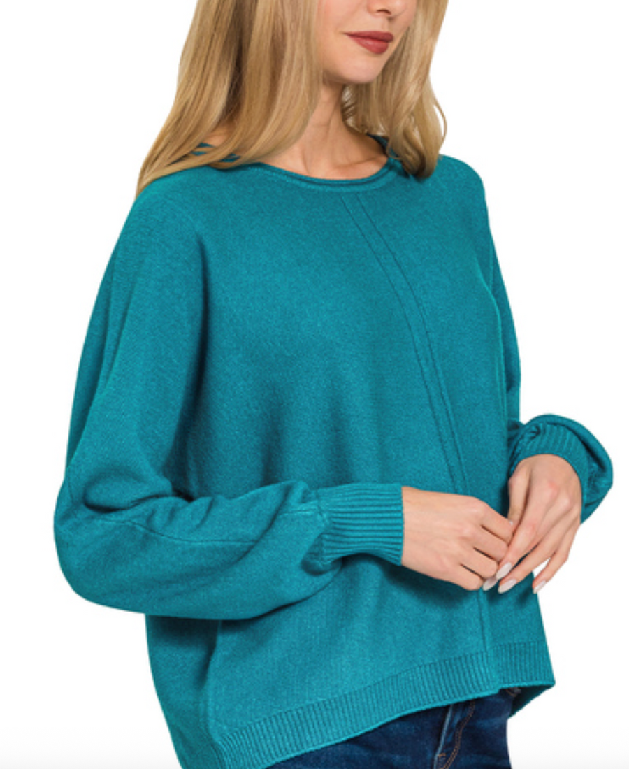 Front Seam Round-Neck Sweater- Ocean Teal
