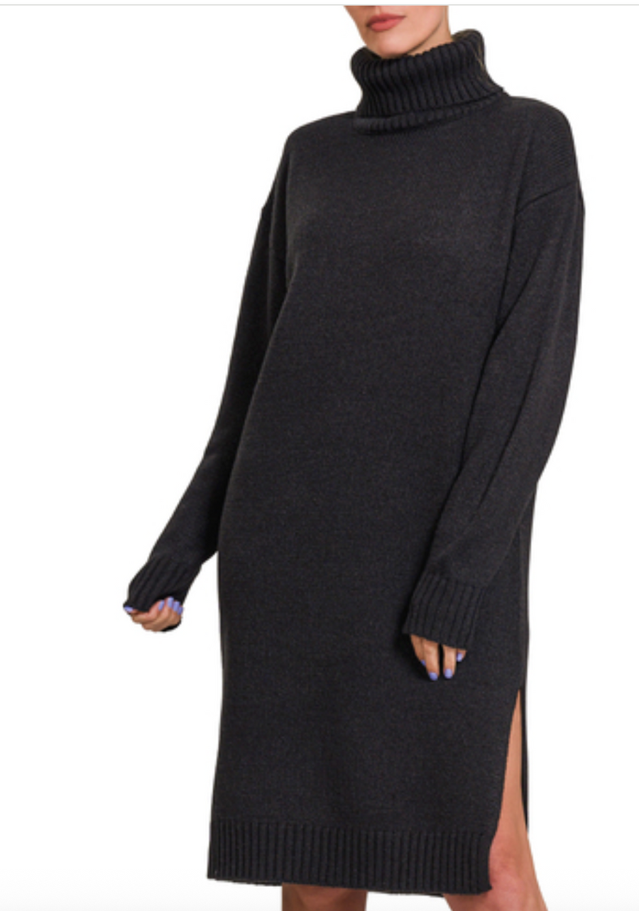 Turtle Neck Sweater Dress- Black