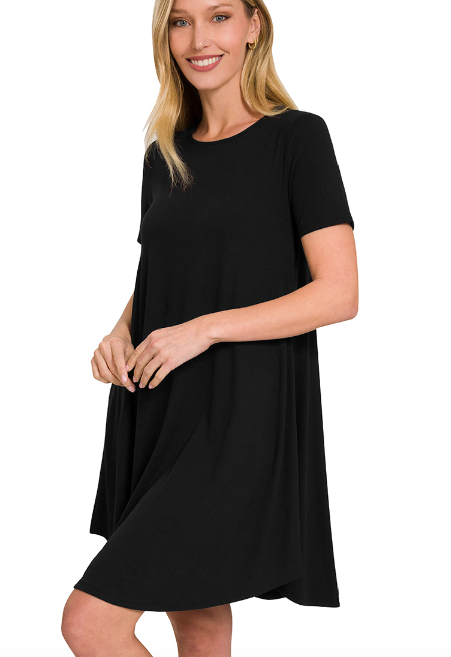 Short Sleeve A-Line Dress- Black