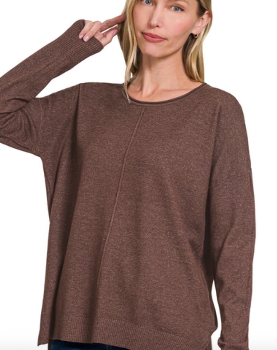 Front Seam Sweater with Side Slits- Chocolate