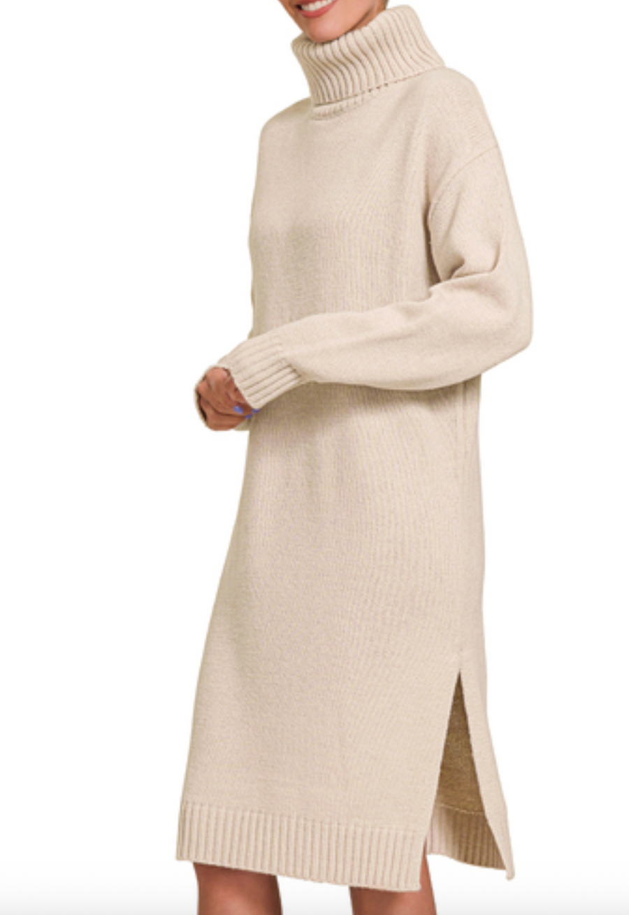 Turtle Neck Sweater Dress- Sand Beige