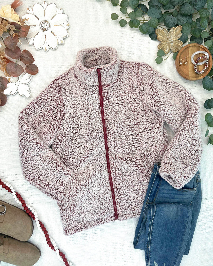 WAREHOUSE ONLY Two Tone Fullzip Sherpa - Cranberry and White