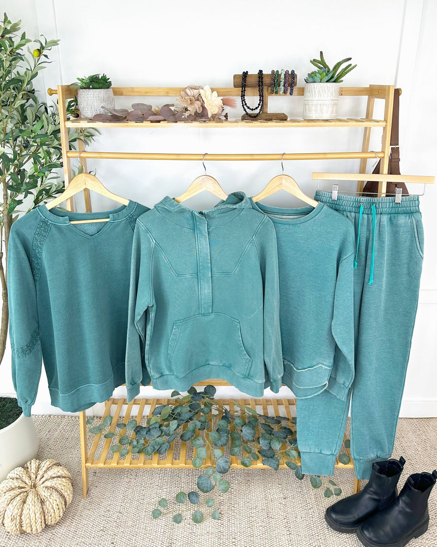 WAREHOUSE ONLY Lace Accent Vintage Wash Pullover - Teal