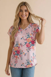 V-Neck Floral Blouse- Blush