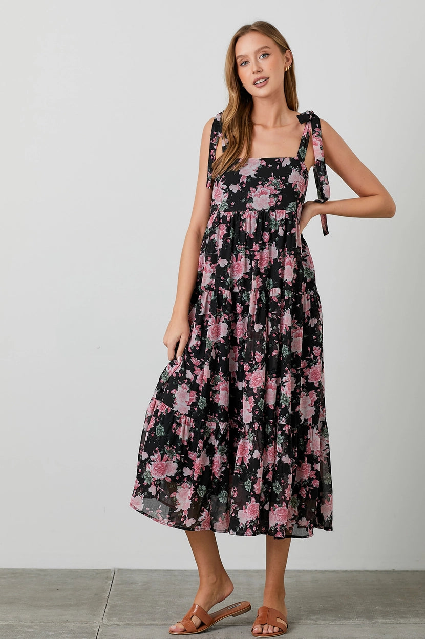 Floral Print Tie Strap Midi Dress
